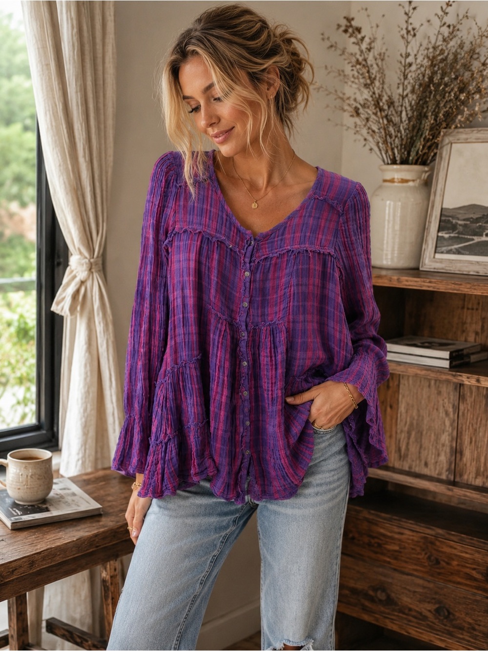 Free People Plaid Gauze Tunic Top Purple Boho Peasant Babydoll Size XS
